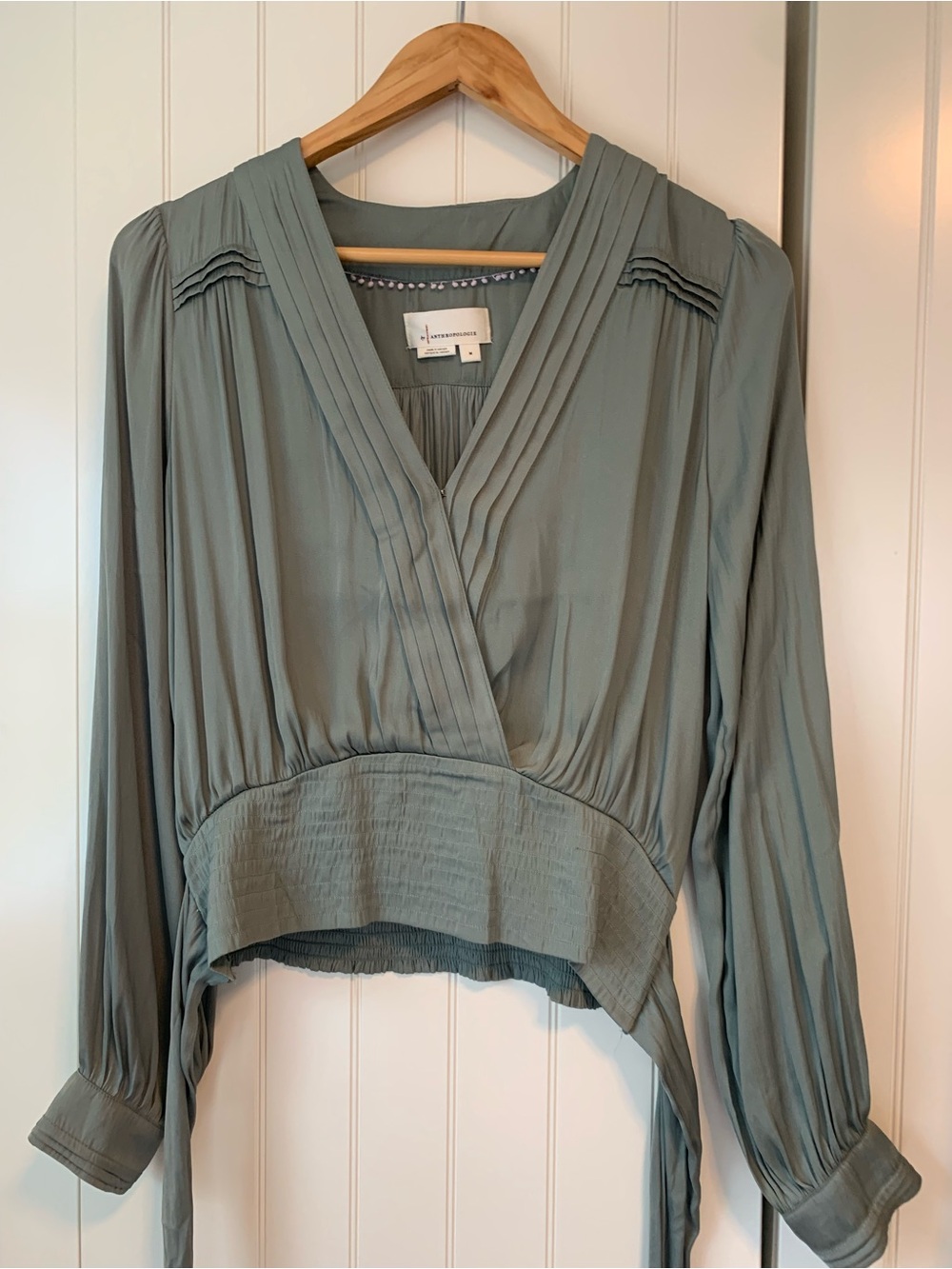 Anthropologie Sage Green Pleated Wrap Blouse